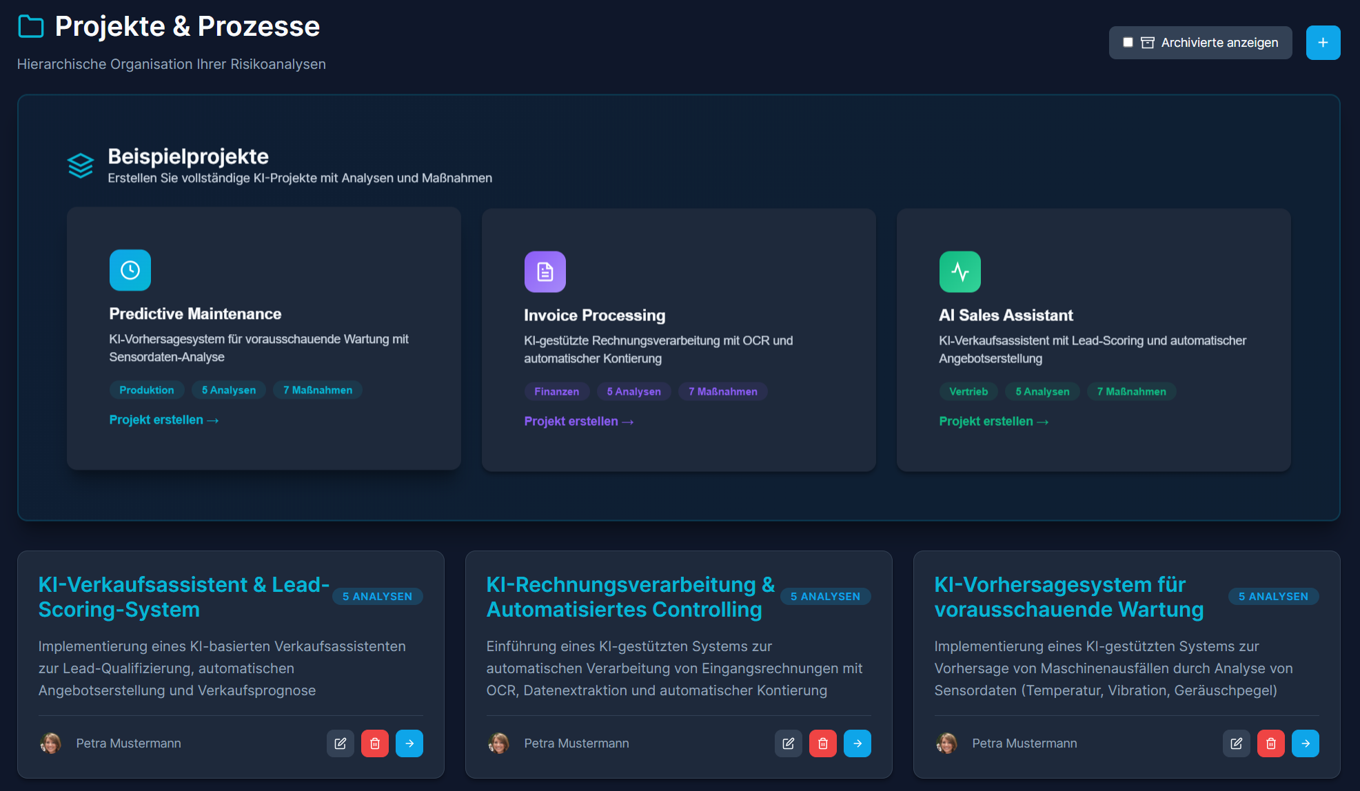 MitigateX Projekt-Übersicht mit Card-View und Projektstatistiken