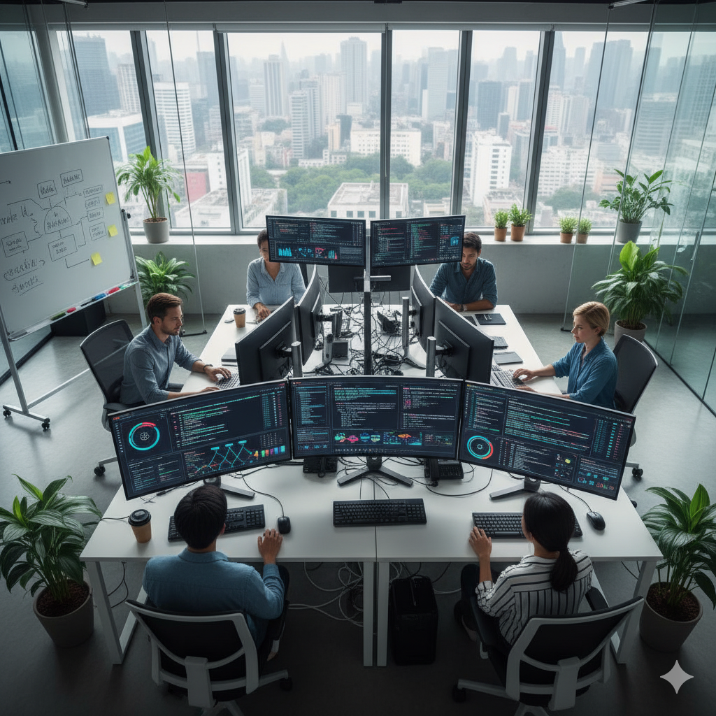 Software-Entwickler arbeiten an KI-Projekt mit Datenvisualisierungen