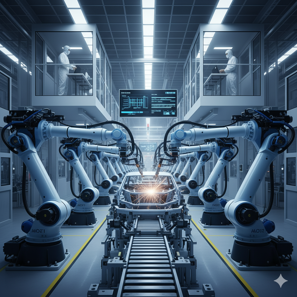 Moderne automatisierte Produktionslinie mit Robotik und IoT-Sensoren